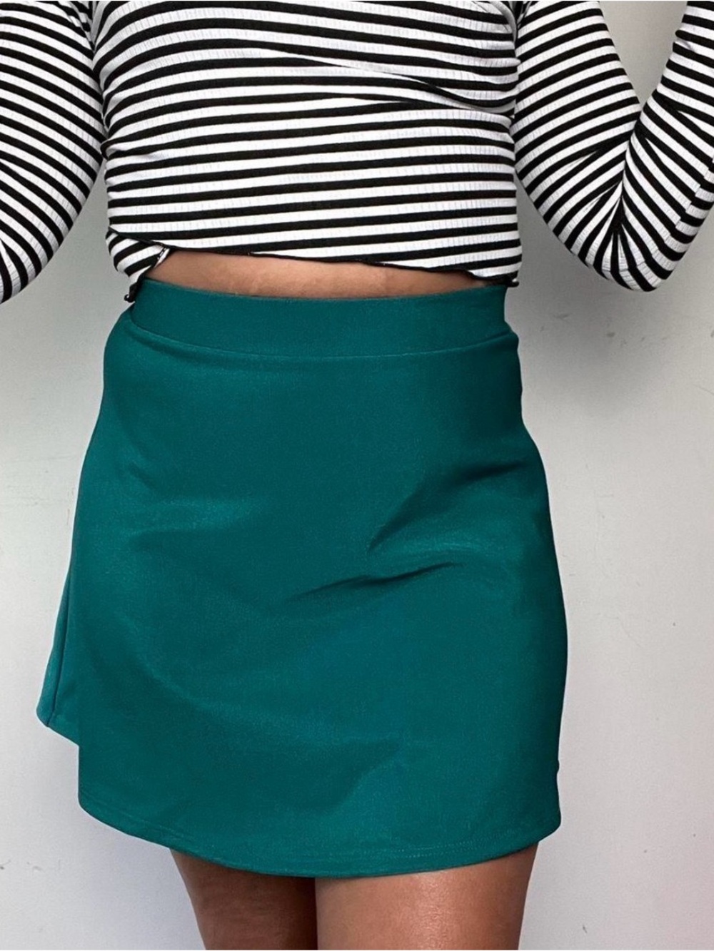 B Jewel Soft Forest Green Stretch Mini Skirt — High Waist Sm Flare Cut